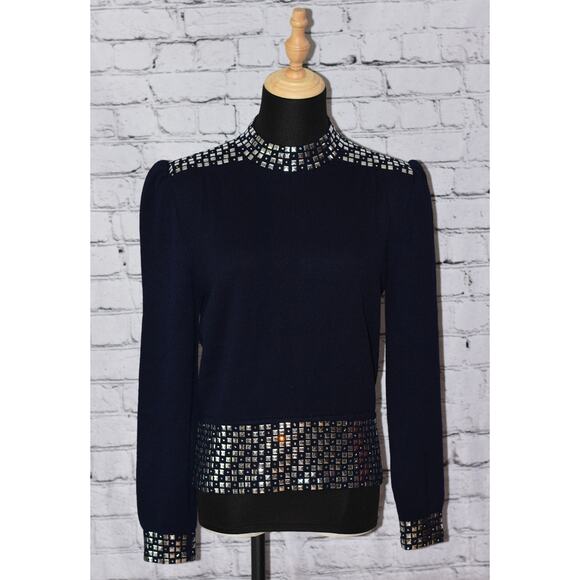 ST. JOHN Evening Embellished Paillette Long Sleeve Knit Stretch Sweater - Picture 5 of 7